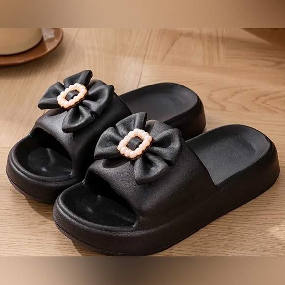 Shoes - Chic Black Slide Sandals with Rhinestone Bow